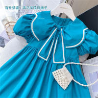 Girls summer new style baby dress fashionable simple western style little girl bow collar puff sleeve princess dress  Blue