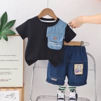 Boys summer suits stylish 2024 new handsome children's short-sleeved two-piece suits summer patchwork children's clothes trendy denim patchwork suits  Black