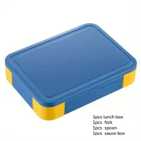 Children's Divided Storage Lunch Box，4pcs set, including 2pcs of tableware and 1 sauce box  Blue