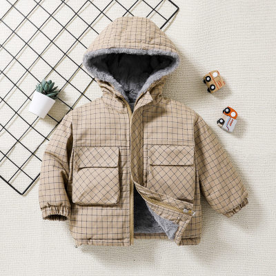 Toddler Boy Winter Plaid Fleece-lined Hooded Zipper Cotton Padded Jacket