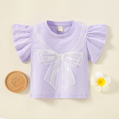 T-shirt con maniche a volant con decorazioni a fiocco dolce per bambina