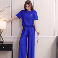 Women's two-piece suit with letter embroidery, thin ice silk home wear suit  Blue