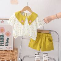 New summer girls floral lapel short-sleeved suit baby girl casual shorts two-piece suit  Yellow