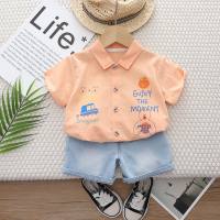 Children's shirt suit short sleeve summer boy denim shorts baby cotton button shirt two-piece set thin graffiti  Orange