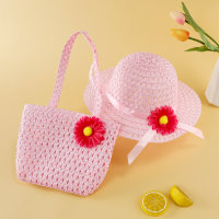 Bolso de mano con decoración de flores para niñas de 2 piezas y sombrero a juego  Rosado