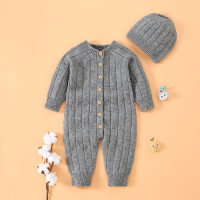 Baby Knitwear Solid Color Long-sleeved Long-leg Romper & Hat  Gray