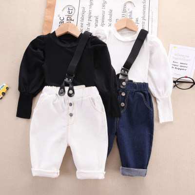 Toddler Solid Color Long Sleeve Collar T-shirt & Overalls Pants
