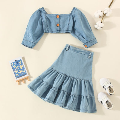 Toddler Solid Color Square Neck Puff Sleeve Top & Skirt