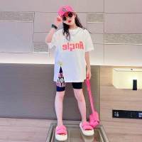 Girls short-sleeved T-shirt suit summer Korean style fashionable girl printed letter five-point shorts two-piece set children's clothing  White