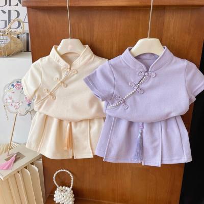 Girls Chinese style fashionable suit short sleeve summer new style little girl Chinese style western style skirt pants two piece suit trendy