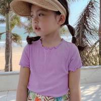 Ice silk short-sleeved T-shirt for girls summer versatile striped ruffled top  Purple