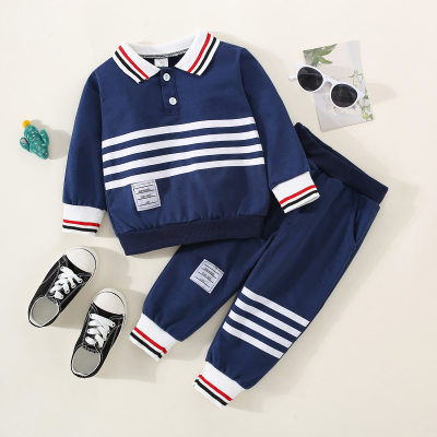 2-piece Toddler Boy Striped Button Front Long Sleeve Polo Shirt & Matching Pencil Pants