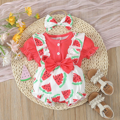 2024 novas roupas de verão para recém-nascidos para bebês meninas estampa de frutas doces macacão de manga curta + faixa de cabeça
