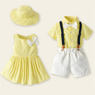 Brother and Sister Plaid Print Sleeveless Dress & Blouse & Shorts With Hat