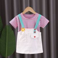 بدلات صيفية للفتيات بأكمام قصيرة نمط جديد ملابس أطفال عصرية بدلة صيفية مكونة من قطعتين للفتيات الصغيرات  وردي 