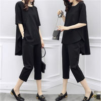 2PCS Loose and slim short-sleeved tops and casual cropped pants two-piece set  Black