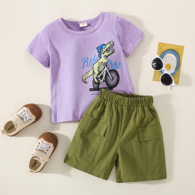 hibobi Boy Baby Outdoor Purple Dinosaur Print T-shirt and Green Shorts Suit