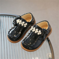 Zapatos de cuero con perlas de moda, zapatos de princesa con lazo de estilo británico, diamantes de imitación para niños  Negro