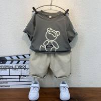 Children's clothing children's suit boys and girls children's solid color bear print armband T-shirt short-sleeved shorts summer trend two-piece suit  Gray