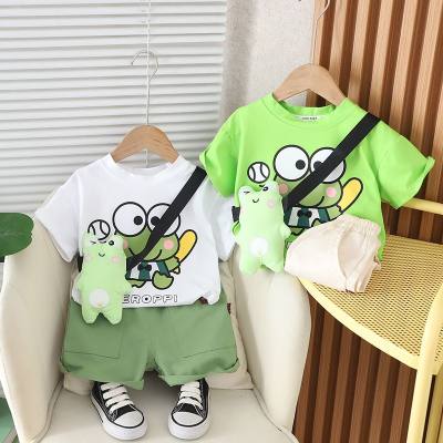 2024 nouvel été vêtements pour enfants de style coréen petit sac grenouille à manches courtes deux pièces vêtements d'été costume pour enfants au nom de