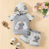 2024 Summer Infant and Toddler New Striped Short Sleeve Printed Hooded Pullover Pocket Top Striped Shorts Set  Gray