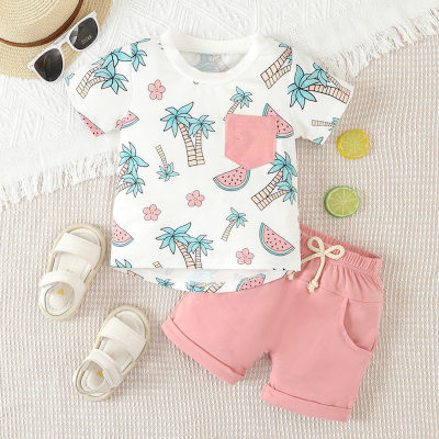 2024 new summer boys casual suit infants and toddlers tropical plant printed short-sleeved T-shirt shorts two-piece set
