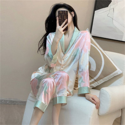 ins Korean version of high-end long-sleeved pajamas for women with gradient flowers new internet celebrity live broadcast cardigan simulated silk home clothes