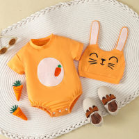 Abbigliamento per bambini di Pasqua 2024 estate nuovo neonato cartone animato a forma di coniglio veste a maniche corte + cappello con orecchie di coniglio all'ingrosso  arancia
