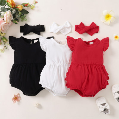 Baby Girl Fly Sleeve Short Triangle Solid Colour Bodysuit Hairband Two-Piece