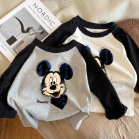 Camiseta de algodón puro para niños, ropa de manga larga para niños y niñas, 2024, dibujos animados, lindos tops para niños de Mickey, camisa de fondo, primavera y otoño  gris