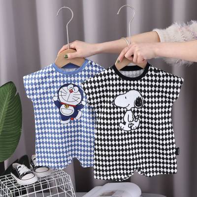New summer baby jumpsuit black and white checkered cartoon baby short-sleeved clothes summer thin jumpsuit