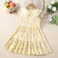 Toddler Girl Allover Floral Printed Lapel Patchwork Sleeveless Dress  Yellow