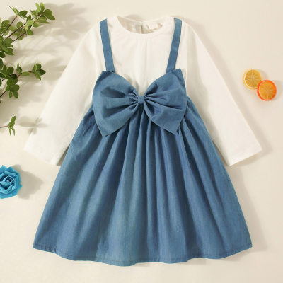Vestido de manga larga 2 en 1 con decoración de lazo en bloque de color para niños pequeños