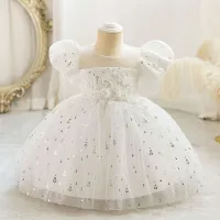 2024 new children's host dress one-year-old flower girl evening dress puff sleeve flower piece princess dress tulle skirt spot  White