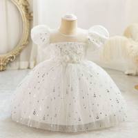 New children's host dress flower girl evening dress puff sleeve princess dress tulle skirt  White
