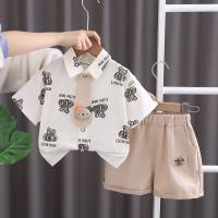 Children's short-sleeved suit summer new bear tie shirt boy casual fashion two-piece baby clothes trend  Khaki