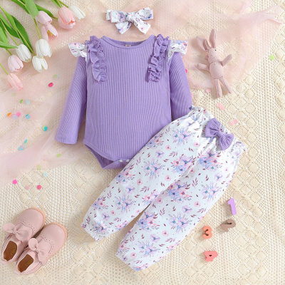 Baby Girl 3 Pieces Solid Color Bodysuit & Floral Pattern Pants & Headband