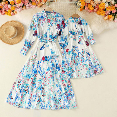 Elegant Butterfly Print Long Sleeve Dress for Mom and Me