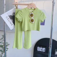 Internet celebrity children's clothing 2023 summer girls' suit Korean style casual soft baby girl short-sleeved T-shirt top two-piece set  Green