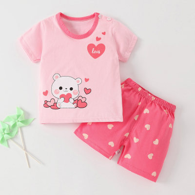 Kleinkind-Mädchen-Baumwoll-Cartoon-Farbblock-Oberteil und Shorts-Pyjama-Sets