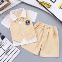Boys' lapel cartoon college style two-piece summer thin short-sleeved suit  Beige