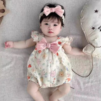 Baby summer bowknot bodysuit cute jumpsuit for newborn baby girl triangle crawling clothes thin sling romper  Beige