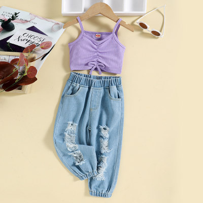 Canotta e jeans casual tinta unita per bambina