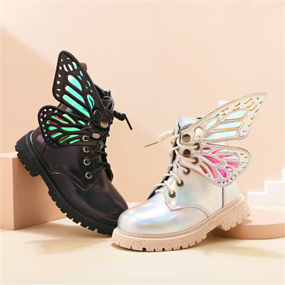 Kid Girl PU Leather Solid Color Butterfly Style Lace-up Martin Boots