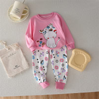 New cute cat girl long-sleeved home 2-piece set daily casual pajamas  Pink