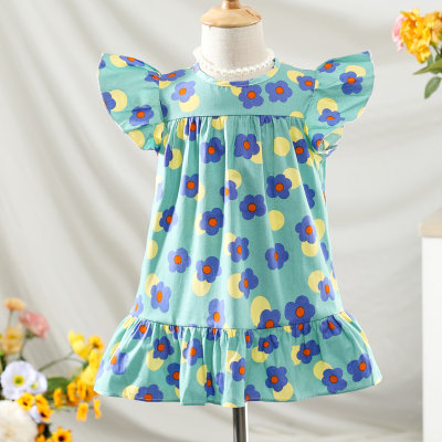 Toddler Girl Pure Cotton Allover Floral Printed Flare Sleeve Dress