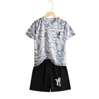 Boys ice silk mesh sports suit summer new thin medium and large children's quick-drying clothes children's short-sleeved shorts two-piece suit  Gray