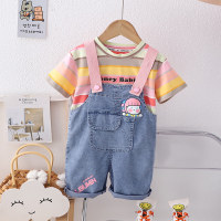 Overalls children's clothing 2024 summer boys and girls rainbow striped breathable T-shirt denim overalls suit  Yellow