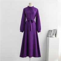 Women's long sleeve half turtleneck maxi dress with pleats  Purple