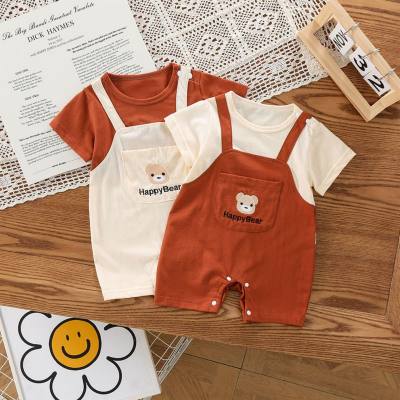 Summer new Korean style baby fake two-piece suspender jumpsuit cute embroidered bear half-sleeved crawling clothes